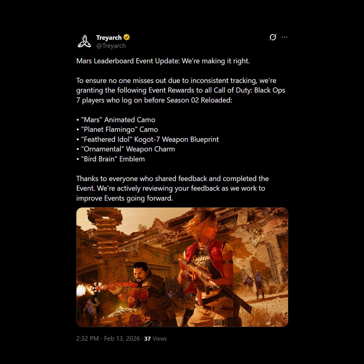 Treyarch are giving EVERY PLAYER the ‘Mars’ Leaderboard Event Rewards from #BlackOps7 Zombies:

💥 If you log on before Season 2 Reloaded; this includes 2 Camos and MORE — “We’re making it right.”