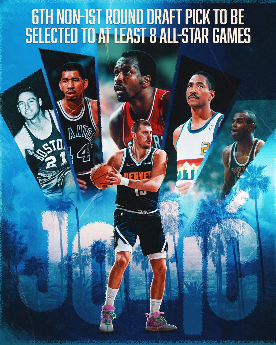 NBA's tweet photo. Nikola Jokić (28.7 PPG, 12.3 RPG, 10.7 APG) is putting together another special season. He's the 6th non-1st round draft pick to earn at least 8 All-Star selections, joining:

Bill Sharman
George Gervin
Moses Malone
Alex English
Hal Greer

Joker is back at the NBA All-Star Game Sunday, Feb. 15 at 5pm/et on NBC & Peacock 🌟