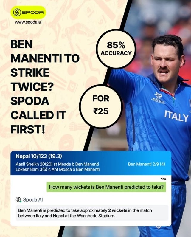 SPODA_AI's tweet photo. #NEPvsITA predictions that spoda ai got right:
Spoda called the upset! Yeah, Italy's victory was predicted by spoda ai :)
Also, Ben Manenti's double strikes were called by spoda!
#PAKvsIND #T20WorldCup2026 #IPL2026 #ZIMvAUS #SportsBettingX #sportsbettingpicks https://t.co/qRtpXEgkQ3