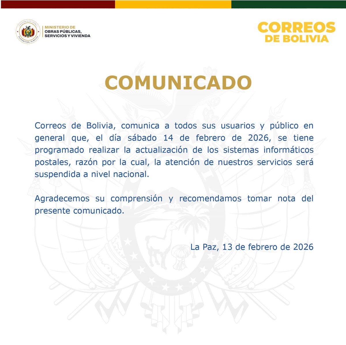 #Comunicado | Correos de Bolivia comunica la suspensión de nuestros servicios el día sábado 14 de febrero de 2026