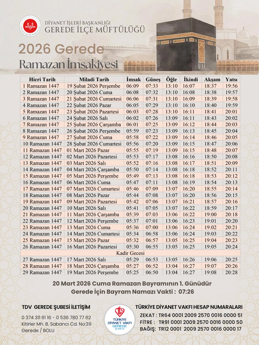 📌 Gerede İlçe Müftülüğü 2026 Ramazan İmsakiyesi