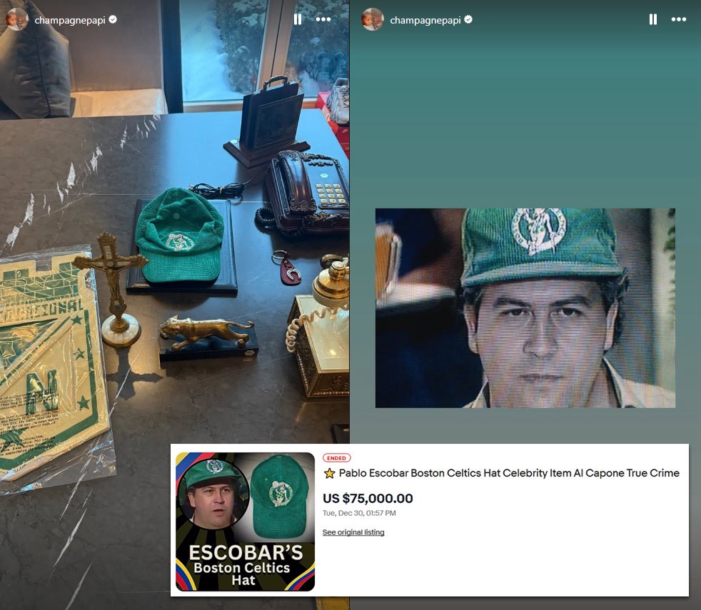 Drake showing off Pablo Escobar's Celtics hat on his IG
