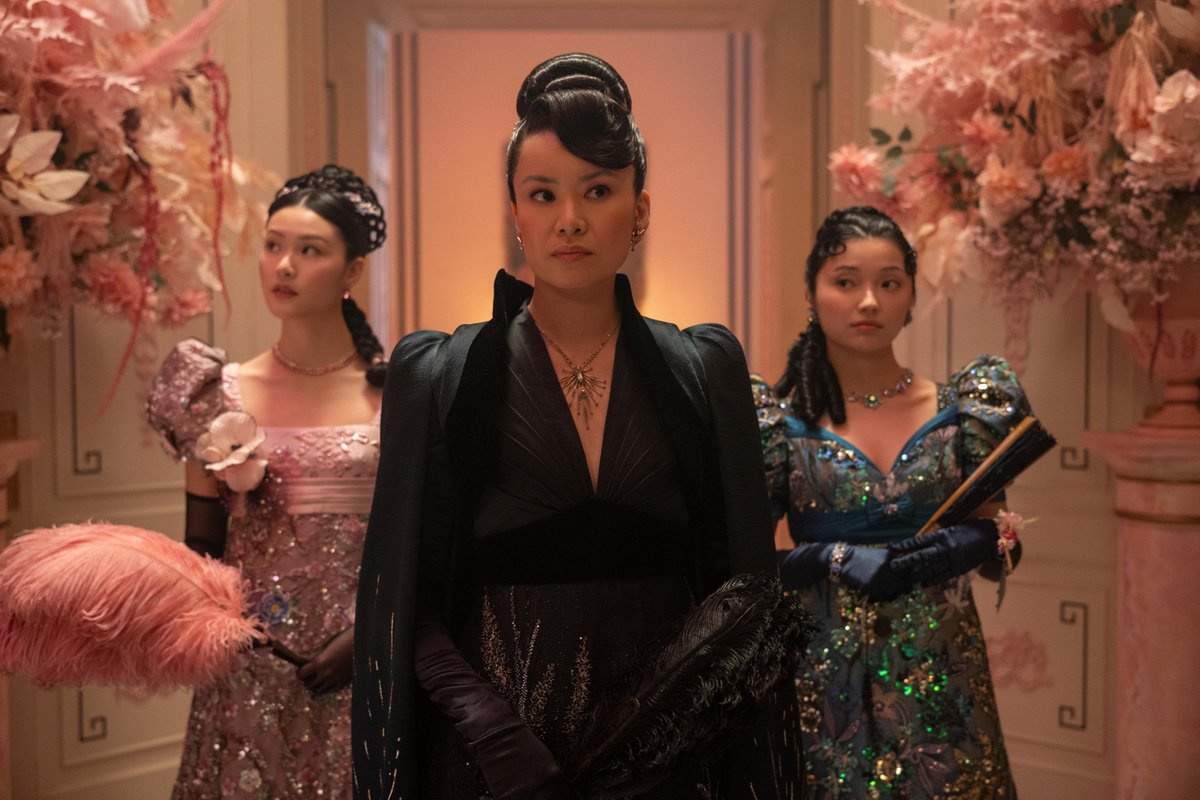 NEW still of Posy Li, Lady Araminta Gun, and Rosamund Li from #Bridgerton Season 4: Part Two