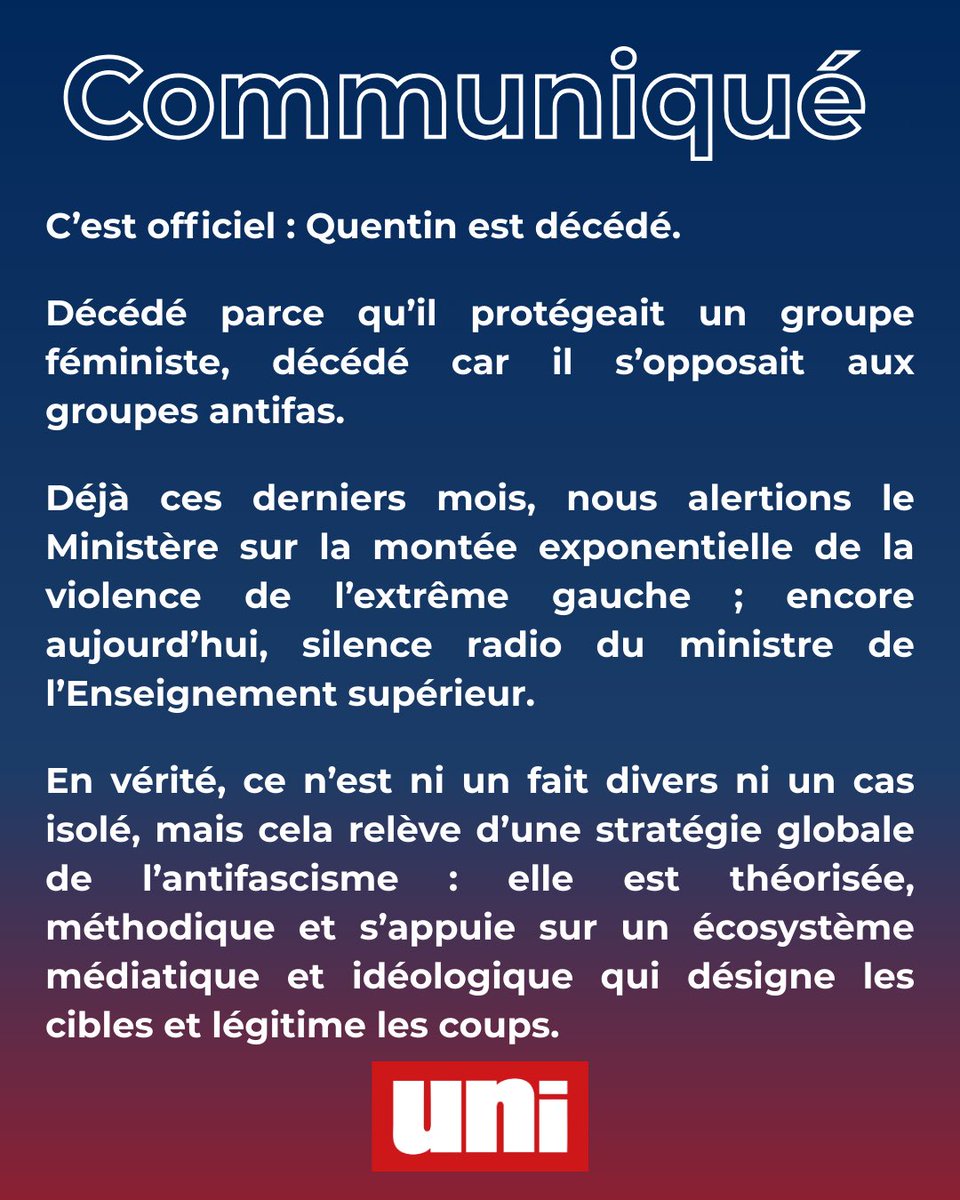 droiteuniv's tweet image. C’est officiel : Quentin est décédé.

Décédé parce qu’il protégeait un groupe féministe, décédé car il s’opposait aux groupes « antifas ».

Déjà ces derniers mois, nous alertions le Ministère sur la montée exponentielle de la violence de l’extrême gauche ; encore aujourd’hui,…