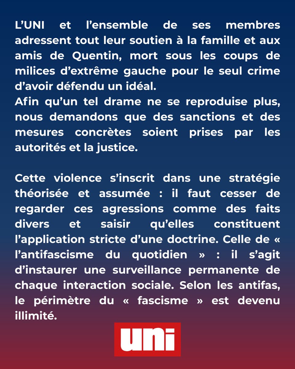 droiteuniv's tweet image. C’est officiel : Quentin est décédé.

Décédé parce qu’il protégeait un groupe féministe, décédé car il s’opposait aux groupes « antifas ».

Déjà ces derniers mois, nous alertions le Ministère sur la montée exponentielle de la violence de l’extrême gauche ; encore aujourd’hui,…