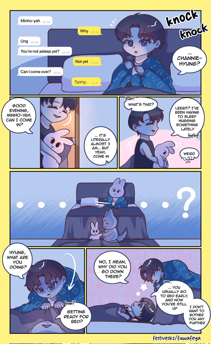 festiveskz's tweet image. Left → Right

You're not asleep yet? (2/4) 

#찬밍 #minchan