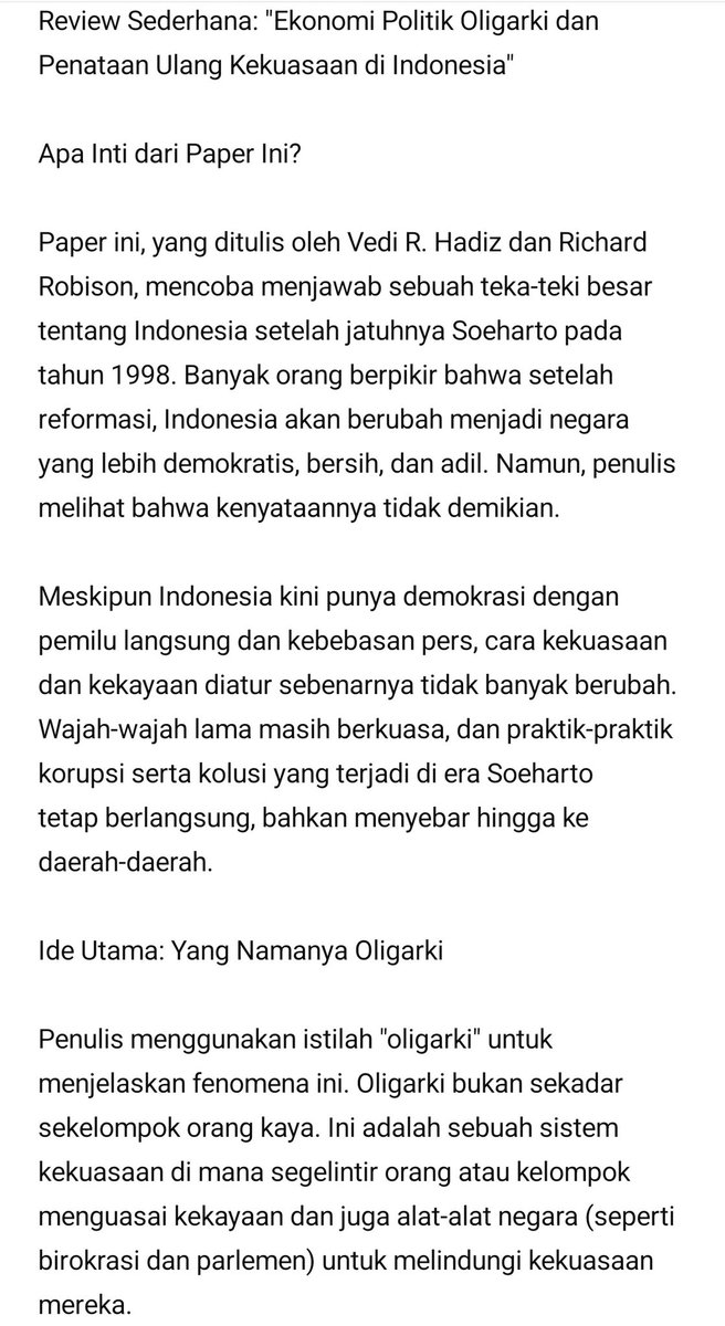 NangPhiet's tweet photo. Apa Inti dari Paper Ini?

Vedi R. Hadiz dan Richard Robison mencoba menjawab sebuah teka-teki besar ttg Indonesia stlh jatuhnya Soeharto tahun 1998.

Banyak orang berpikir stlh reformasi Indonesia jadi negara yg lebih demokratis, bersih &amp; adil. Namun kenyataannya tidak demikian. https://t.co/jrJo3AaPVN