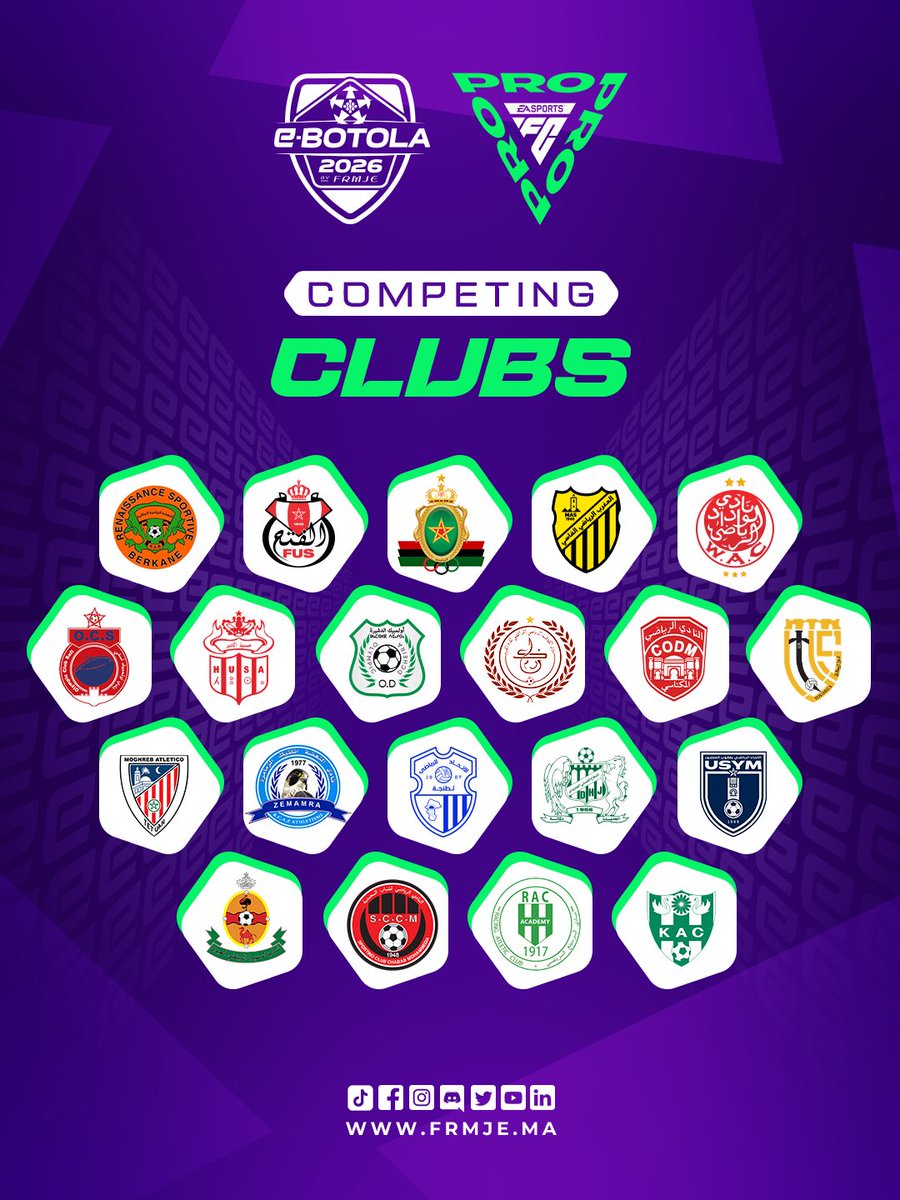 FRMJEOFFICIEL's tweet photo. The final competing clubs in #eBotola 2026 are officially locked in. Let the battle begin! 🔥⚽🎮 https://t.co/yKvkjWmbti