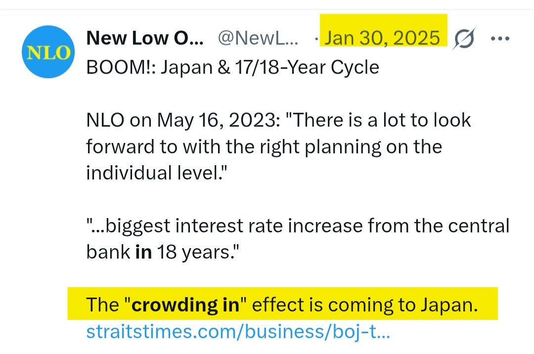 NewLowObserver's tweet photo. 2026: "Asian stocks have made their best start over US equities since at least 2000: @TheTerminal 

Aug. 2023: "This is why Japan will boom."

July 2023: re Japan: "There is a boom in the offing." 

May 2023: "watch 2026/2028"

Jan 2025: "crowding in effective coming to Japan" https://t.co/RQfLCkndCe