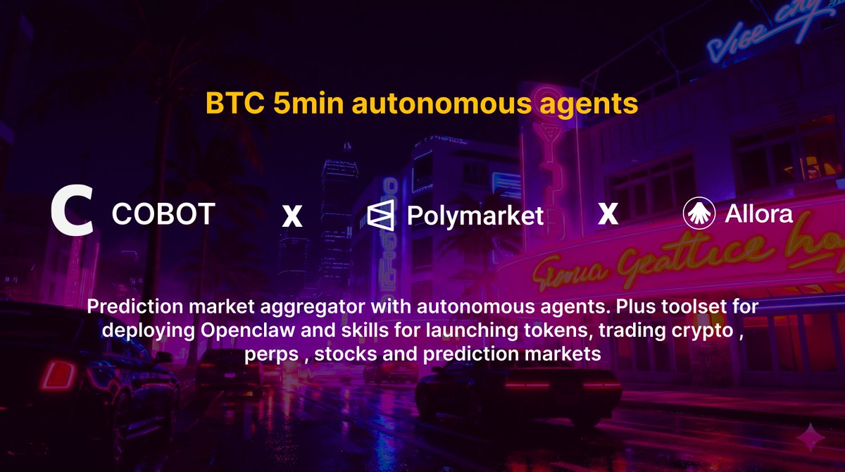 Excited to launch autonomous trading agents for <a href="/Polymarket/">Polymarket</a>  5-min Bitcoin price market.

Top up your wallet, set the preferences and let the agent trade 24/7, few users are already up 70% in just 6 hours

PWA: app.cobot.gg

<a href="/base/">Base</a>   and <a href="/solanamobile/">Seeker | Solana Mobile</a>   mini-apps
