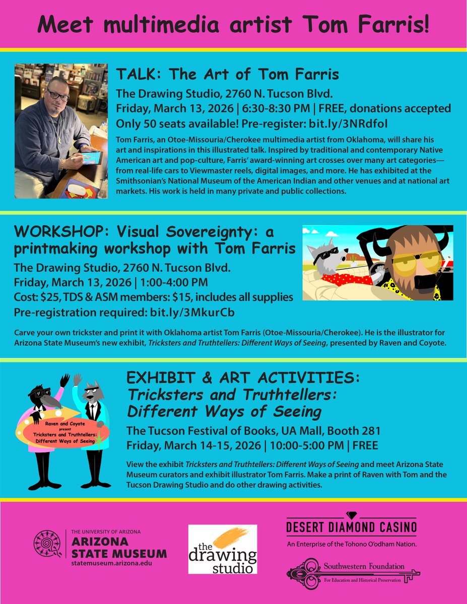 The work of Oklahoma multimedia artist Tom Farris is featured in our exhibit, "Tricksters and Truthtellers." The artist will be in Tucson next month to lead an art-making workshop, give a public talk, and welcome visitors to ASM’s pop-up exhibit at the Tucson Festival of Books.