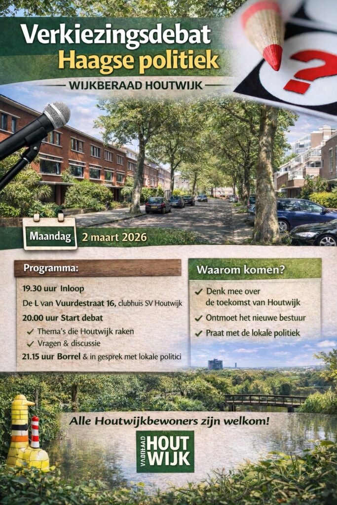 Zet het vast in uw agenda: maandag 2 maart het Houtwijkse #Verkiezingsdebat bij sv Houtwijk. Inloop 19:30, start 20:00 uur.