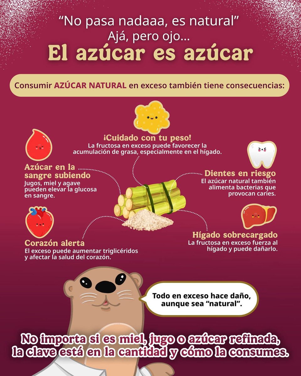 🍯 La miel, los jugos, el agave o la fruta son “naturales”, pero en exceso también pueden afectar tu cuerpo. 😲 

⚠️ Recuerda: Natural no significa “ilimitado". Moderar es tu salud y bienestar. ❤️🦷🧠