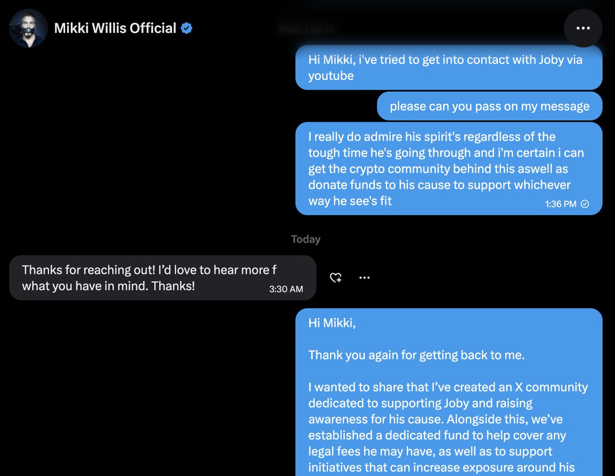 I have gained contact with <a href="/MikkiWillis/">Mikki Willis Official</a> &amp; let him know we are fully dedicated to supporting Joby's movement.

This is something the crypto community can fully get behind in masses. A PVE runner for a great cause.

Supporting one of the Early Bitcoin Pioneers be released from