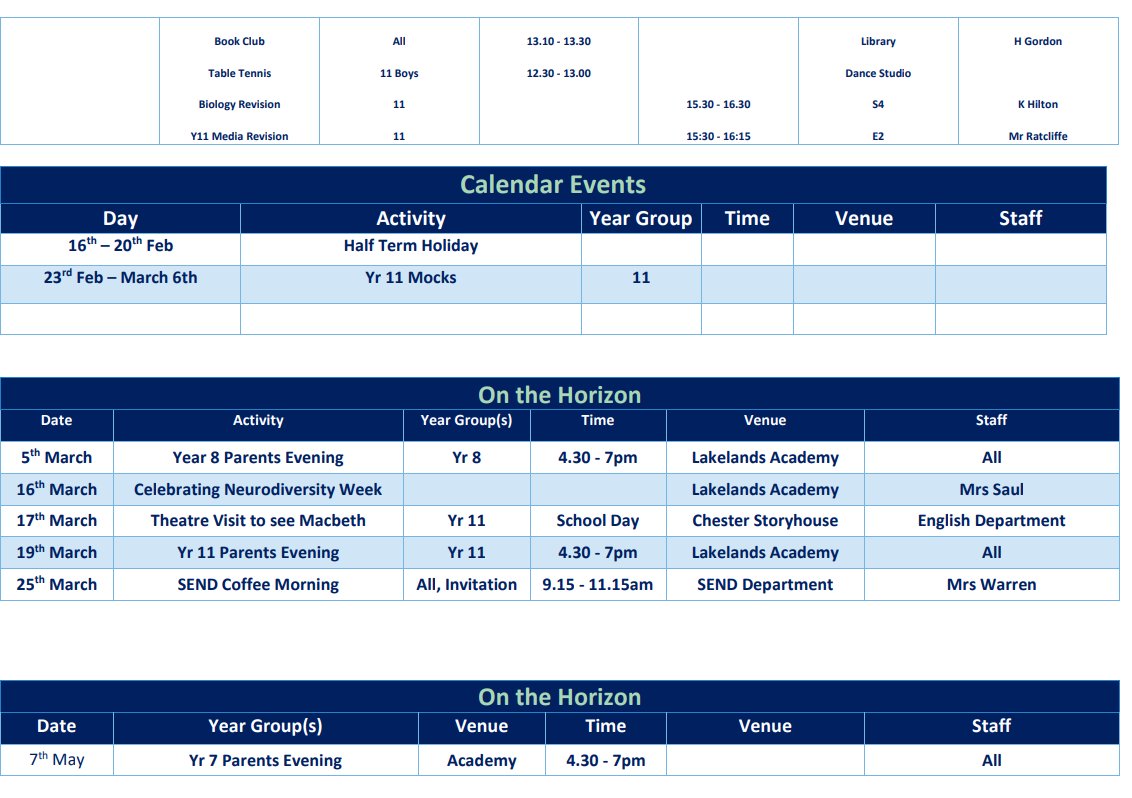 Clubs and Enrichment for the week commencing  Monday 23rd February,2026