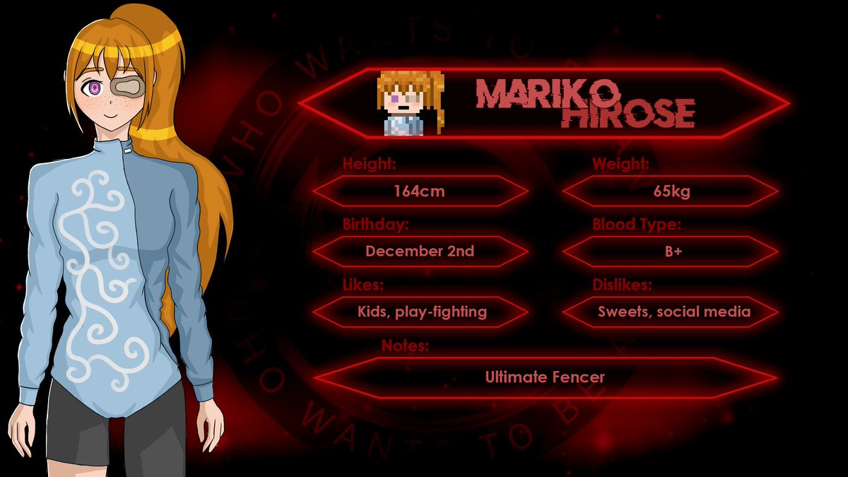 WWTBAU_Fangan's tweet image. We're happy to reintroduce you to Mariko Hirose, the Ultimate Fencer.    

Tune in to “Who Wants to Be an Ultimate?” to see if Mariko Hirose is worthy of being an Ultimate! 

#fanganronpa #fangan