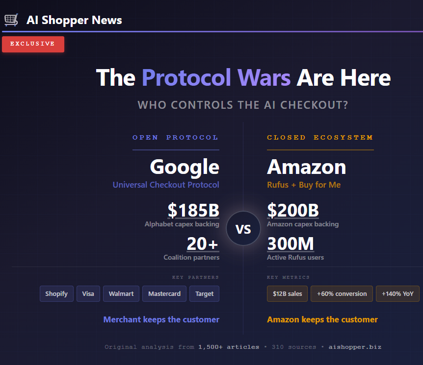 fredsko's tweet photo. Google wants every AI agent to shop anywhere. Amazon wants one agent to shop everywhere.  Every retailer must decide which side to build for. AI Shopper News analyzed 1,500+ articles from 310 sources &amp; found the answer isn't obvious https://t.co/3PzbeinjgE #RetailAI #ProtocolWars https://t.co/Nd68YrrC7G