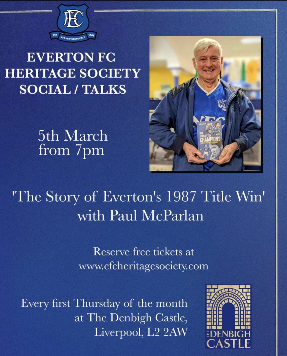 Less than 10 tickets remain available for the forthcoming free <a href="/EvertonHeritage/">Everton FC Heritage Society</a> talk/social evening on 5th March at <a href="/DenbighCastl/">The Denbigh Castle</a>.
<a href="/paulmcparlan/">pmaccap</a> will be exploring the Blues’ outstanding 1986/87 season. Book here:
efcheritagesociety.com/heritage-talks…