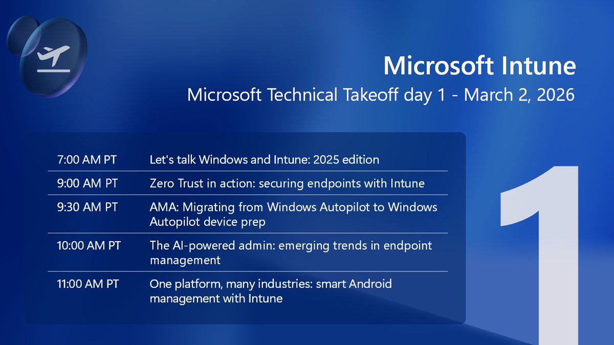 Today we’ll be announcing the Intune session lineup for March 2 at Microsoft Technical Takeoff 2026. Go deep on how Intune is evolving to help IT teams secure endpoints, modernize provisioning, and work smarter at scale. Follow us for links to help you save the date and join the