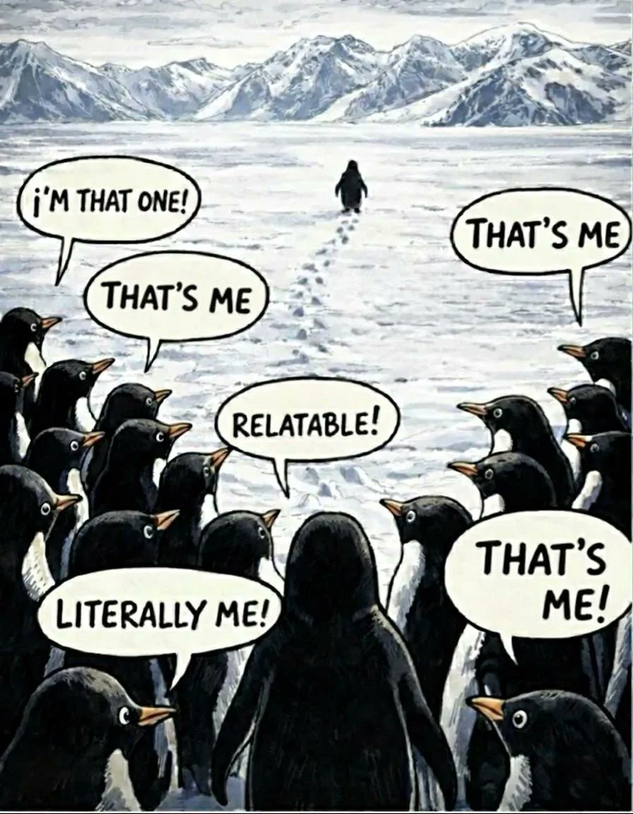 Mohenesh's tweet photo. The NP trended because a lone penguin walks away from its colony toward certain death. Everyone said, “That’s me.” 
Advertising does the same. We claim we want brave work, bold moves, dangerous ideas.But when it is time to approve them, we choose the colony.

#NihilistPenguin https://t.co/4Un2dHZCt5