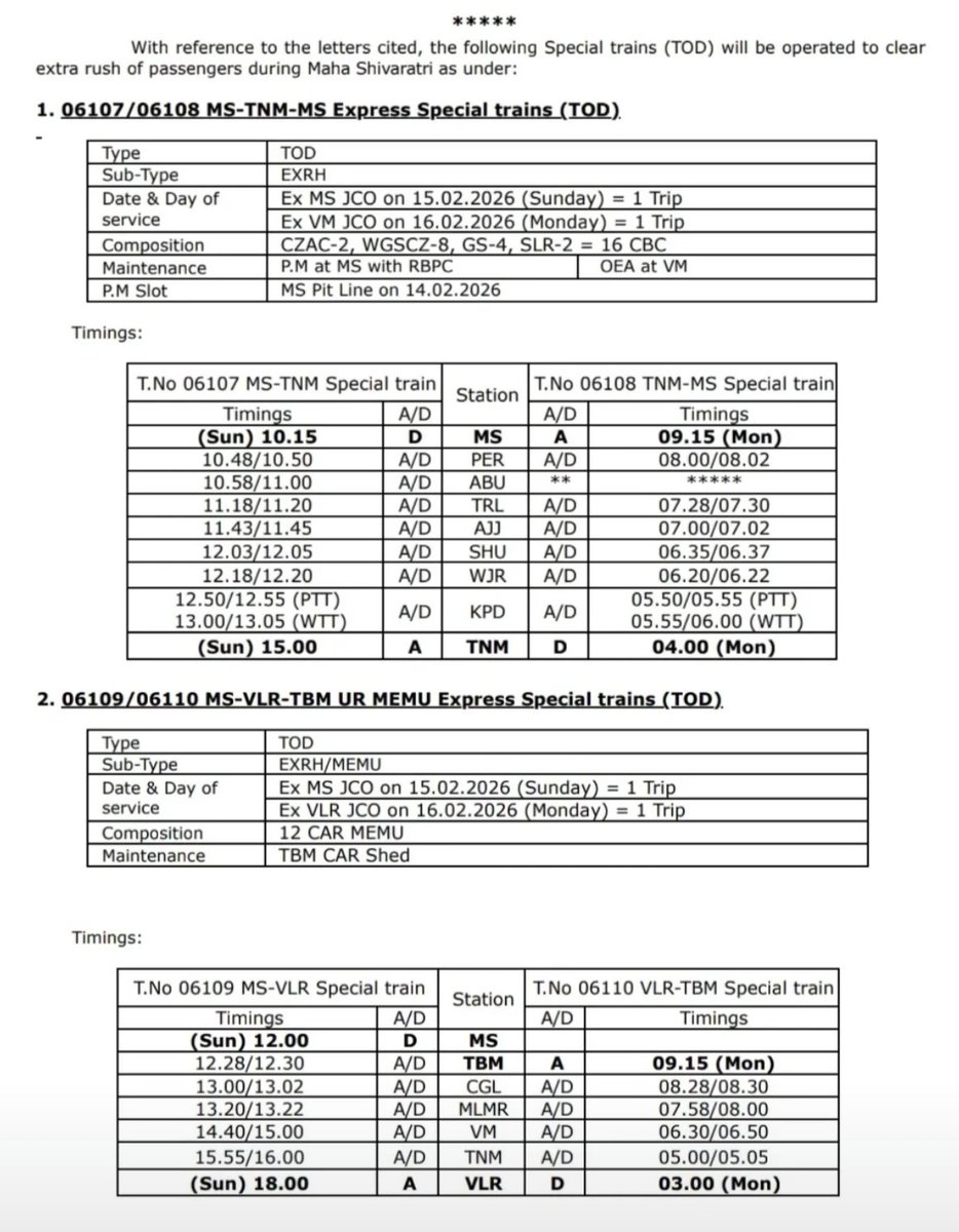 It's good to see SR operating Maha Shivaratri Special trains from Chennai to Tiruvannamalai👌👏.

Kindly regularise the 2nd Special Train (Having Perfect TT) b/w Tiruvannamalai &amp; Chennai via Tambaram, Villupuram fulfilling our 18-year long pending demand 🙏🙏<a href="/DRMTPJ/">DRM - Tiruchchirappalli</a> <a href="/GMSRailway/">Southern Railway</a> .