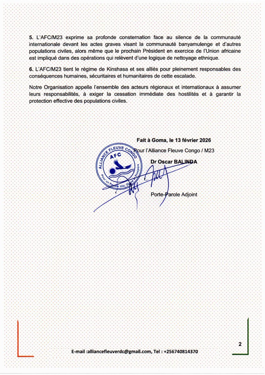 🔴#RDC Alors que #Kinshasa vient d'accepter le cessez-le-feu proposé par l'#Angola, l'#AFC #M23 indique ne pas avoir été tenu au courant du contenu et reste engagé uniquement sur le processus de #Doha. Parallèlement, dans un communiqué, la rébellion dénonce "les manœuvres