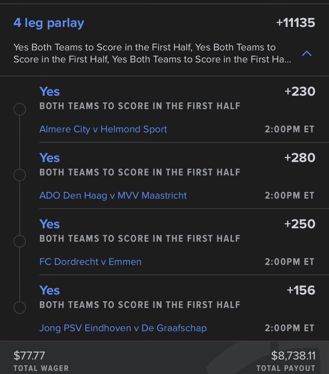 Fredofrr's tweet image. Friday 

First half golazos parlay

+11135 parlay 
+1473 watered down parlay 

One of the best leagues for goals here 🇳🇱 2 versions here. Vamoosss 👊🏼