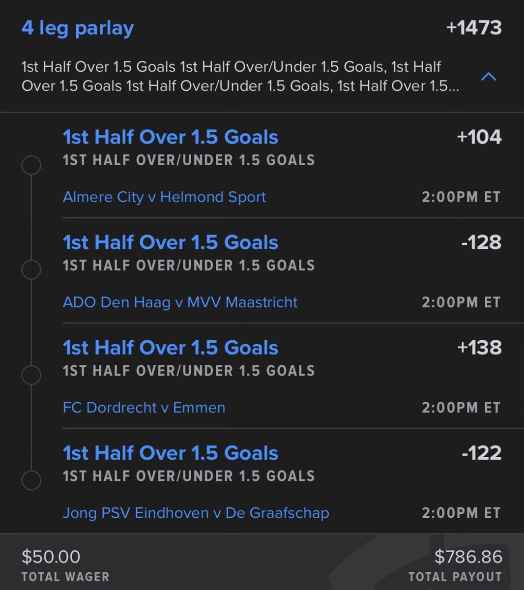 Fredofrr's tweet image. Friday 

First half golazos parlay

+11135 parlay 
+1473 watered down parlay 

One of the best leagues for goals here 🇳🇱 2 versions here. Vamoosss 👊🏼