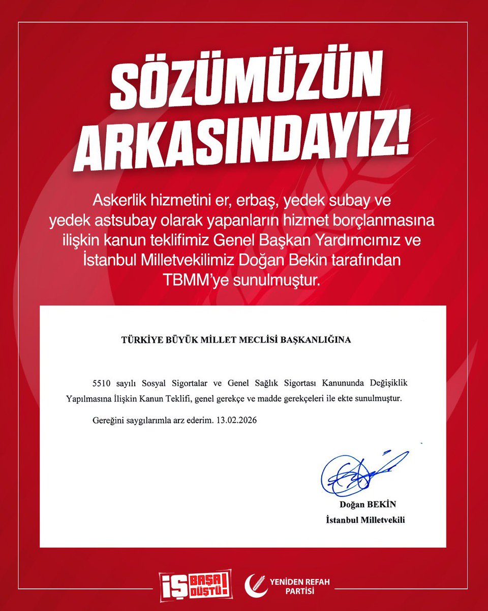 Askerlik hizmetini er, erbaş, yedek subay ve yedek astsubay olarak yapanların hizmet borçlanmasına ilişkin kanun teklifimiz Genel Başkan Yardımcımız ve İstanbul Milletvekilimiz Doğan Bekin tarafından TBMM’ye sunulmuştur.

<a href="/erbakanfatih/">Dr. Fatih Erbakan</a> <a href="/rprefahpartisi/">Yeniden Refah Partisi</a> <a href="/DoganBekin/">Doğan Bekin</a>
