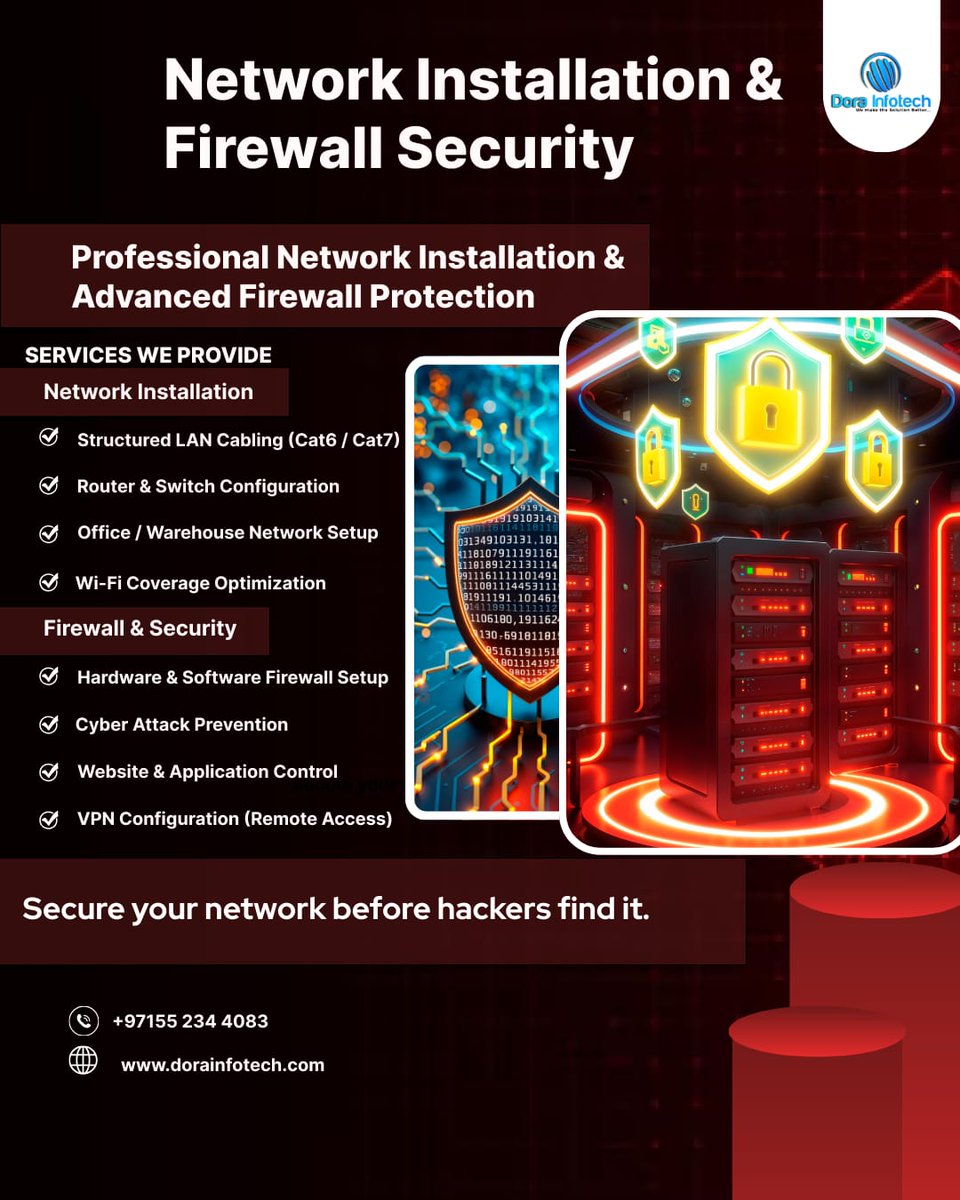 DoraInfotech's tweet photo. Protect your business with professional Network Installation & Firewall Security solutions! From seamless setup to advanced threat protection, we ensure your IT infrastructure is safe, fast, and reliable. Ideal for small to large businesses looking for secure, uninterrupted network performance. 🚀💻

✅ Upgrade your network today and safeguard your data. Let’s secure your digital future!

#NetworkSecurity #FirewallProtection #ITInfrastructure #SecureNetwork #BusinessSecurity