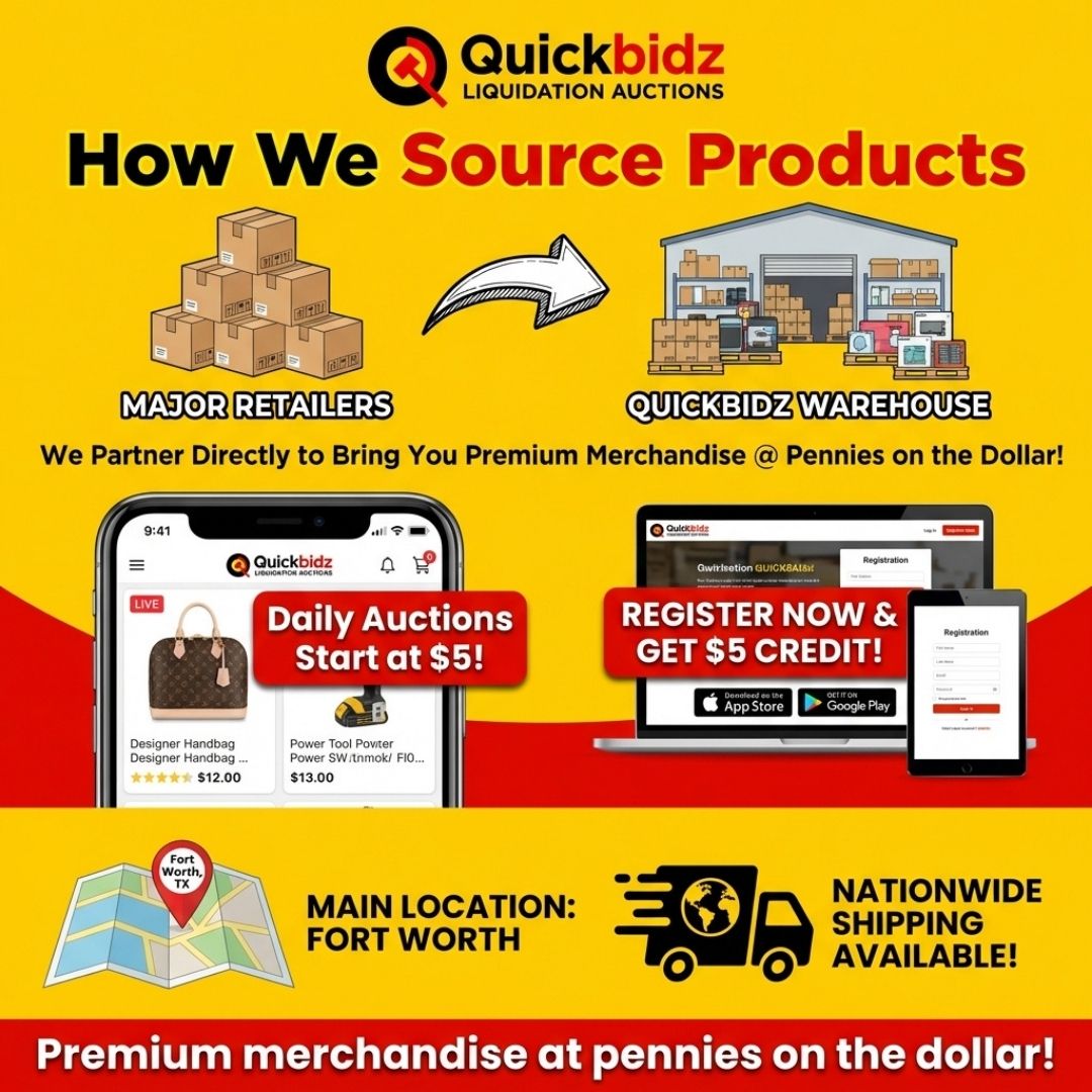 quicklotz's tweet image. Score deals from major retailer liquidations, overstocks, and returns—join live auctions starting at $5 and grab top retail value items! #LiquidationDeals #AuctionFinds #QuickLots #DealHunter #SmartShopping #FortWorthTX #DailyAuctions