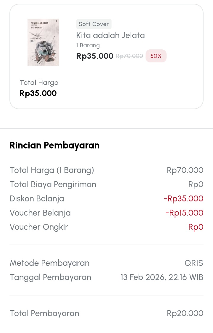 Terima kasih <a href="/gramedia/">Gramedia</a> <a href="/gramediadotcom/">Gramedia.com</a> langsung aku pakai vouchernya, jadi cuma 20.000 aja. ❤️