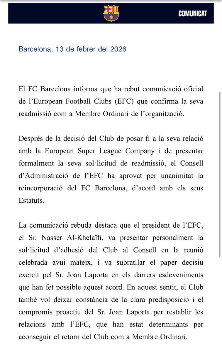 El Barça ha recibido la confirmación de la EFC que confirma su readmisión como Miembro Ordinario de la organización

Todo tras dejar la Superliga

Aprobado por unanimidad. Destacan que Nasser Al-Khelaifi presentó personalmente la solicitud de adhesión del Barça al Consejo