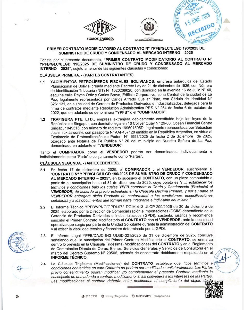 almajuca's tweet photo. Mientras Rodrigo Paz y Yusser Akli dicen que “no hay contrato”, documentos firmados en diciembre de 2025 muestran que YPFB sí acordó suministro de crudo con Trafigura muy caro. https://t.co/KeZOnqOkW2

#corrupción #sobreprecio #petroleo https://t.co/cM16Gc6OnX