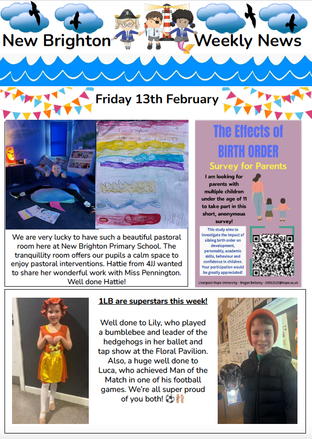 NewBrightonPS's tweet photo. This week's newsletter 😊 Download the full version from the school website https://t.co/8ISbxO7iy3 
Have a great half term and we'll see you back on Monday 23rd February. https://t.co/ySuEJFuKEU
