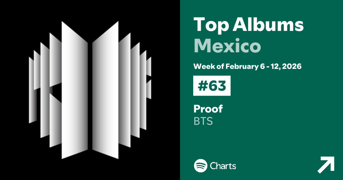 streambtsmexico's tweet image. 📊 Album Semanal – Spotify México 🇲🇽

Febrero 6 – 12, 2026.

63. (-8) #Proof