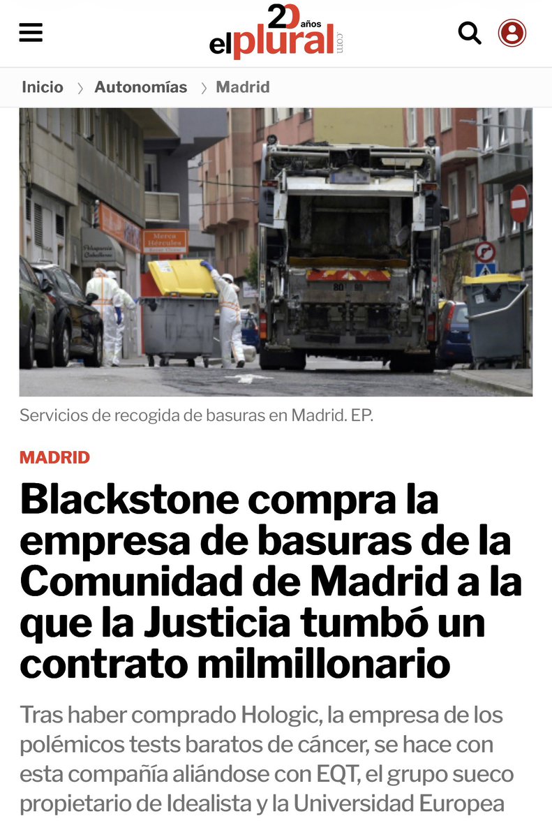 Blackstone: primero se llevó 1.860 viviendas públicas a 60.000€ (ahora las vende a 220.000€).

Luego compró la empresa de los tests de cáncer más baratos y de peor calidad.

Ahora se queda con la empresa de basuras.

Nos están robando Madrid.
elplural.com/autonomias/mad…