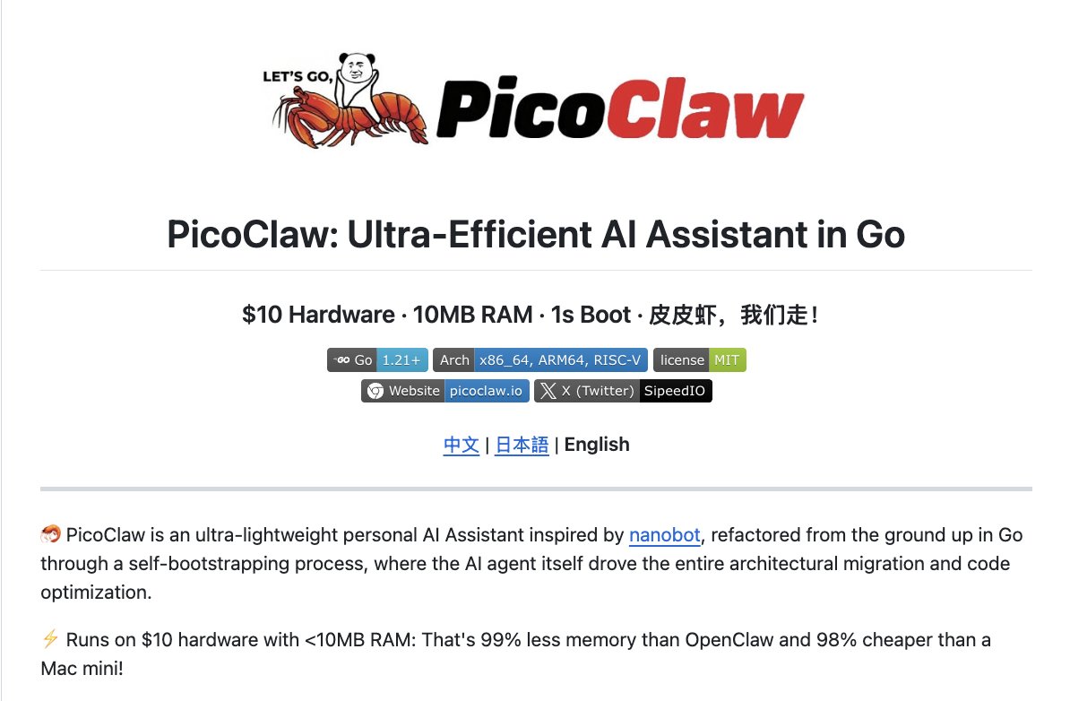 Someone just built a fully functional AI assistant in 1 day.. and it runs on 10mb ram.

It's called PicoClaw and it uses 99% less memory than OpenClaw.

100% open-source.