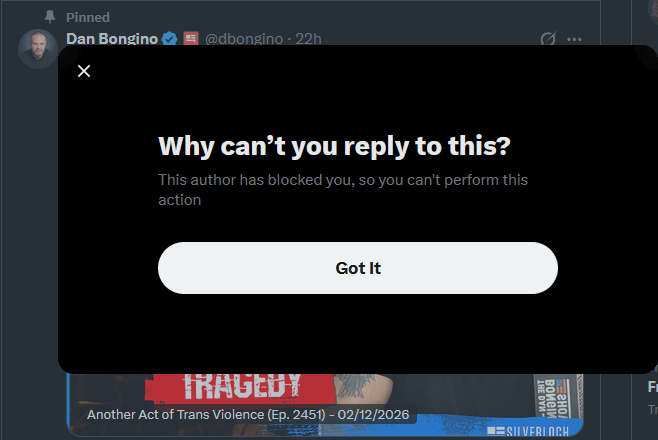 Crybaby Dan (<a href="/dbongino/">Dan Bongino</a>) finally blocked me...