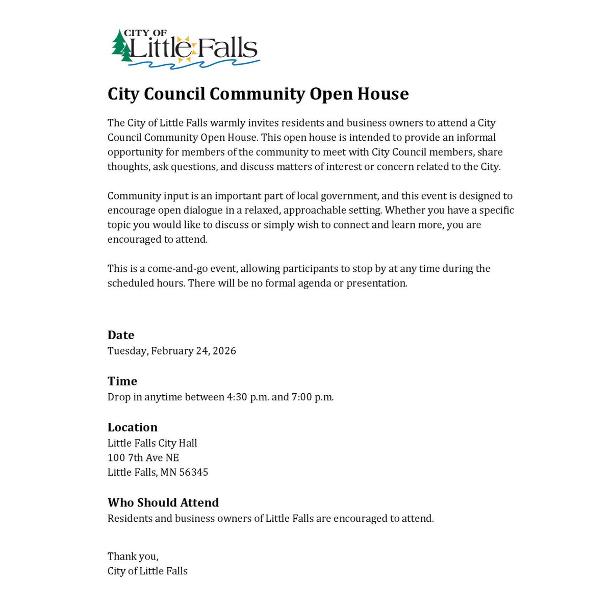 cdcmorrisonmn's tweet image. 🌞 #LittleFallsMN residents &amp;amp; business owners, you're invited to the #LFCityCouncil #CommunityOpenHouse on 2/24, at #LFCityHall. A come-and-go event from 4:30-7 PM,  to meet with council members, ask questions, share ideas, &amp;amp; discuss topics that matter. 🤝🏼 #MorrisonCounty