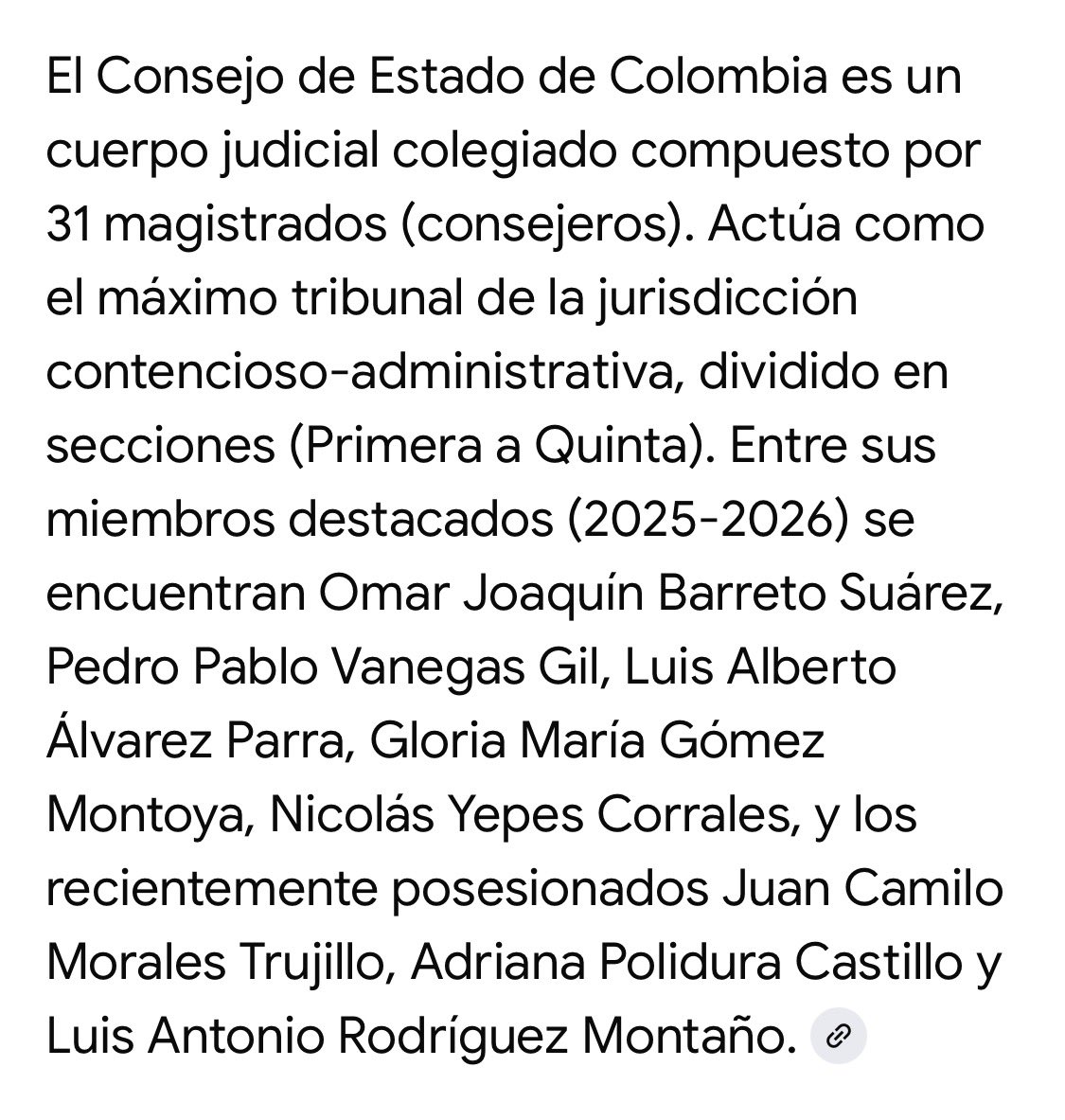 El <a href="/consejodeestado/">Consejo de Estado</a> esta compuesto principalmente por 𝟯𝟲 𝗠𝗔𝗙𝗜𝗦𝗧𝗥𝗔𝗗𝗢𝗦 𝗰𝗮𝗱𝗮 𝘂𝗻𝗼 𝗴𝗮𝗻𝗮𝗻𝗱𝗼 $𝟲𝟬 𝗠𝗜𝗟𝗟𝗢𝗡𝗘𝗦 𝗠𝗘𝗡𝗦𝗨𝗔𝗟𝗘𝗦.

Como quien dice ese antro, sin tener en cuenta conjueces, abogados, secretarios, escoltas, camionetas blindadas y demás,