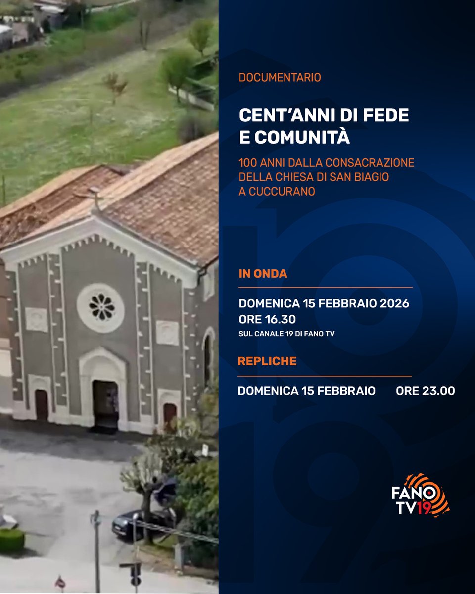 📺Domenica 15 febbraio, alle ore 16.30 circa, riproporremo il documentario dedicato ai 100 anni dalla Consacrazione della Chiesa di San Biagio a Cuccurano dal titolo "cent'anni di Fede e Comunità".
Appuntamento sul canale 19 di FanoTV, visibile in tutta la Regione Marche. #fanotv