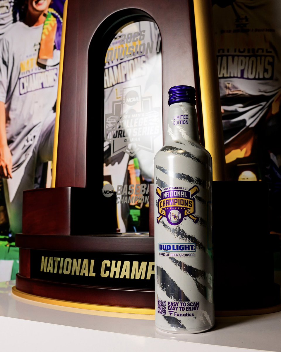 LSUbaseball's tweet photo. Be on the lookout for limited addition 2025 National Championship Bud Lights to purchase at concession stands around Alex Box Stadium! https://t.co/SIHs2T7tRn