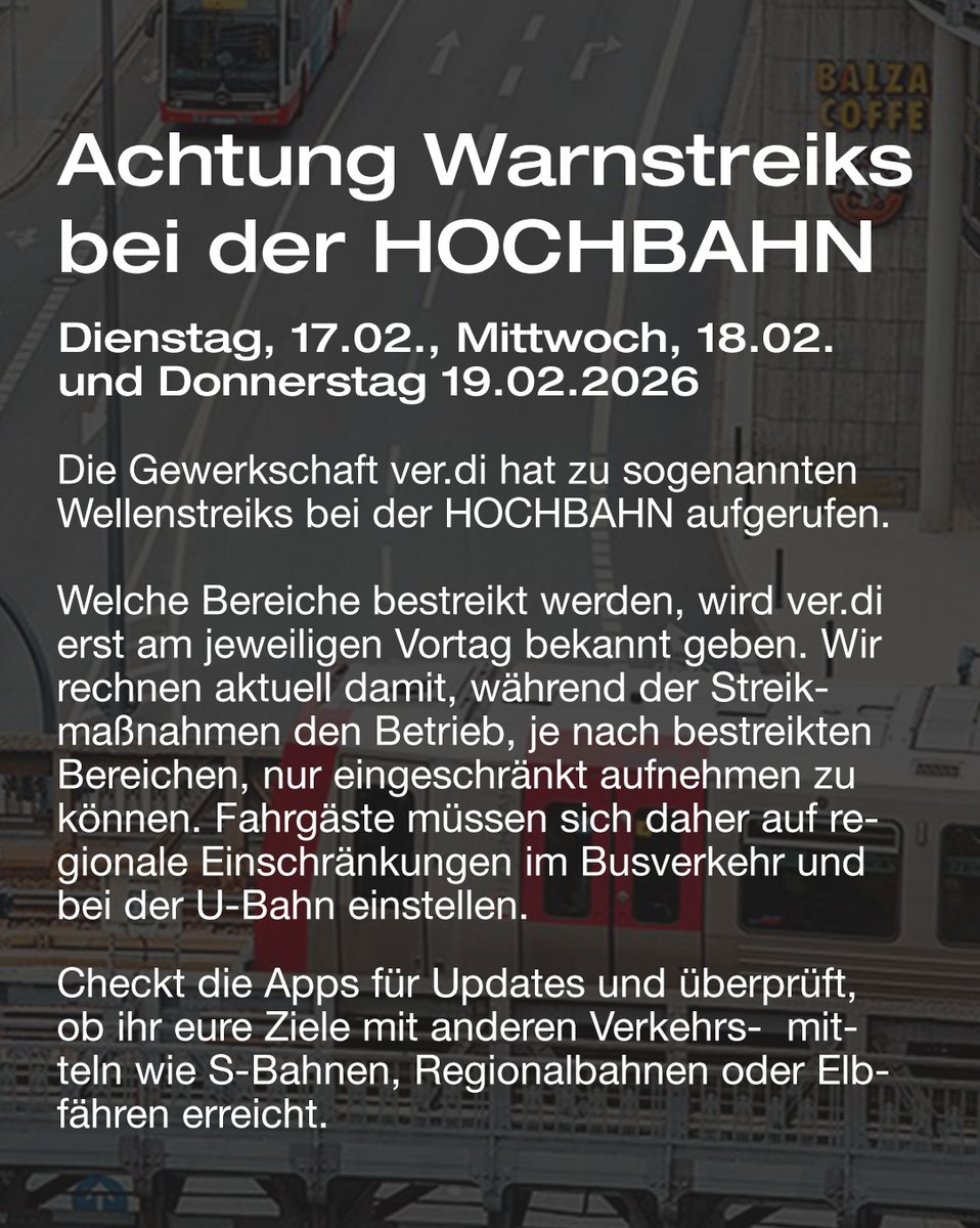 Achtung: Die Gewerkschaft ver.di hat für den 17., 18. und 19.02. sogenannte Wellenstreiks bei der HOCHBAHN angekündigt. Welche Bereiche bestreikt werden, gibt ver.di jeweils am Vortag bekannt. Wir halten euch über alle bekannten Kanäle up to date!