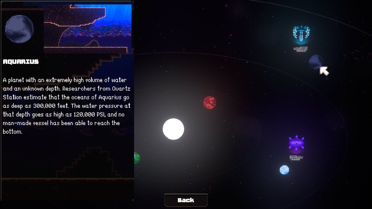Working on finishing the Star Map today. It lets you move freely around the star system and highlight planets to see a preview of them, as well as a bit of lore / info!

#gamedev #indiedev #mecha #roguelike