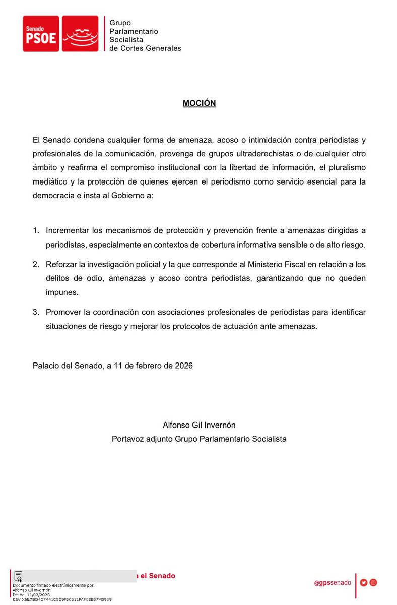 Deshumanización y acoso, es lo que reciben todos los profesionales que no hacen otra cosa que informar y desmentir bulos.

El objetivo de los ultras es acallar todas esas voces que les son molestas y dejar vía libre al odio.

Desde el <a href="/gpssenado/">PSOE SENADO</a> hemos presentado esta moción en
