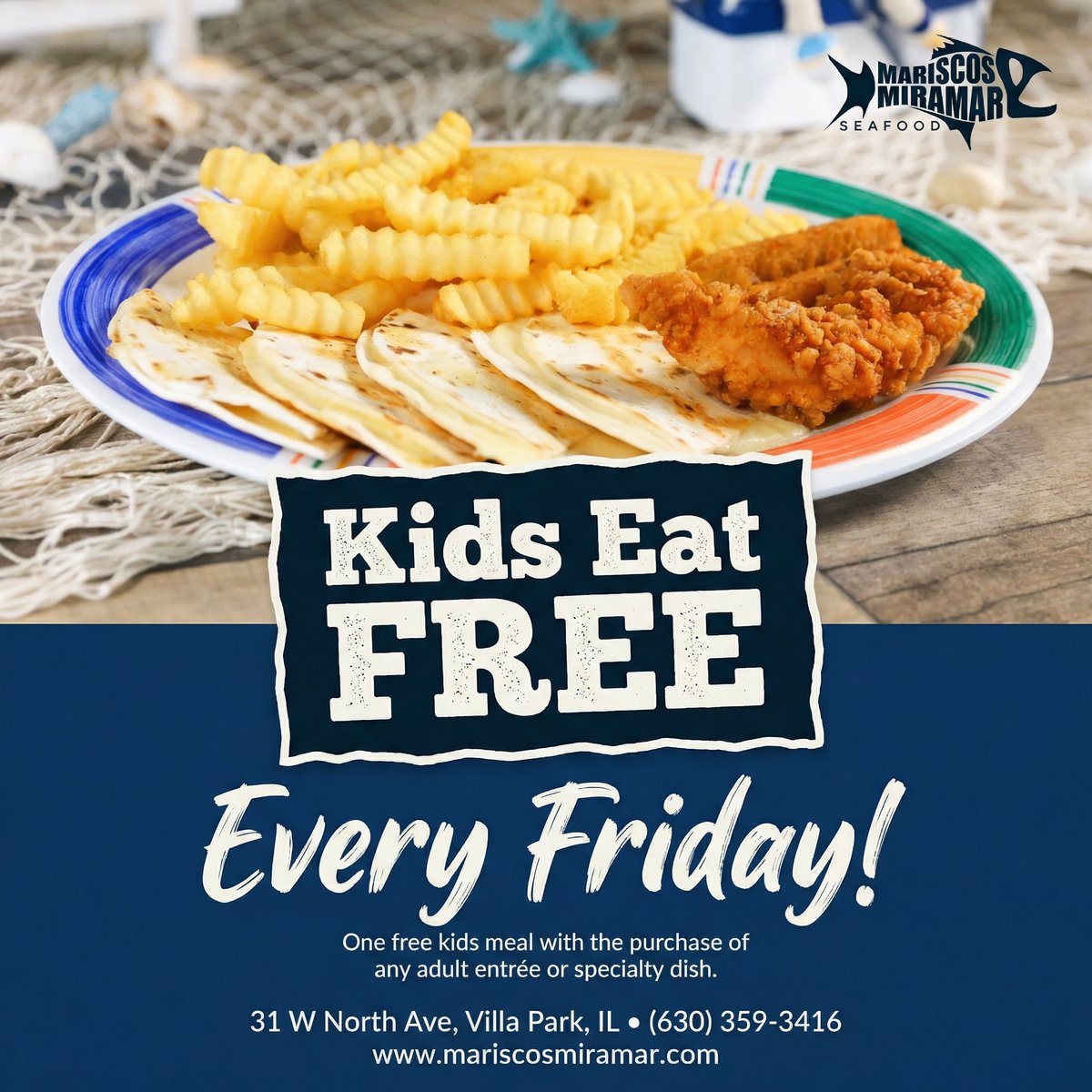 MariscosMVP's tweet photo. Kids are hungry? We’ve got you. 😄
Bring the family to Mariscos Miramar and make Fridays the easiest dinner of the week — Kids Eat FREE every Friday! 🦀
✅ One FREE kids meal with the purchase of any adult entrée or specialty dish.
📍 31 W North Ave, Villa Park
 📞 (630) 359-3416 https://t.co/aukiVRfLmp