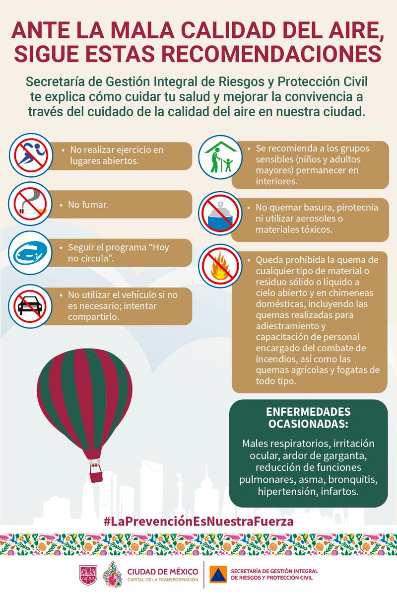 SGIRPC_CDMX's tweet photo. ⚠️ Se mantiene la Fase 1 de #ContingenciaAmbiental por ozono en la Zona Metropolitana del Valle de México para disminuir la afectación a la salud y reducir contaminantes. Atiende las siguientes medidas de prevención y mantente informado:

🚫 No realizar actividades al aire libre
🚫 No fumar
🚫 No quemar basura
✅ Seguir el programa "Hoy no circula"

#TrabajandoJuntos #LaPrevenciónEsNuestraFuerza