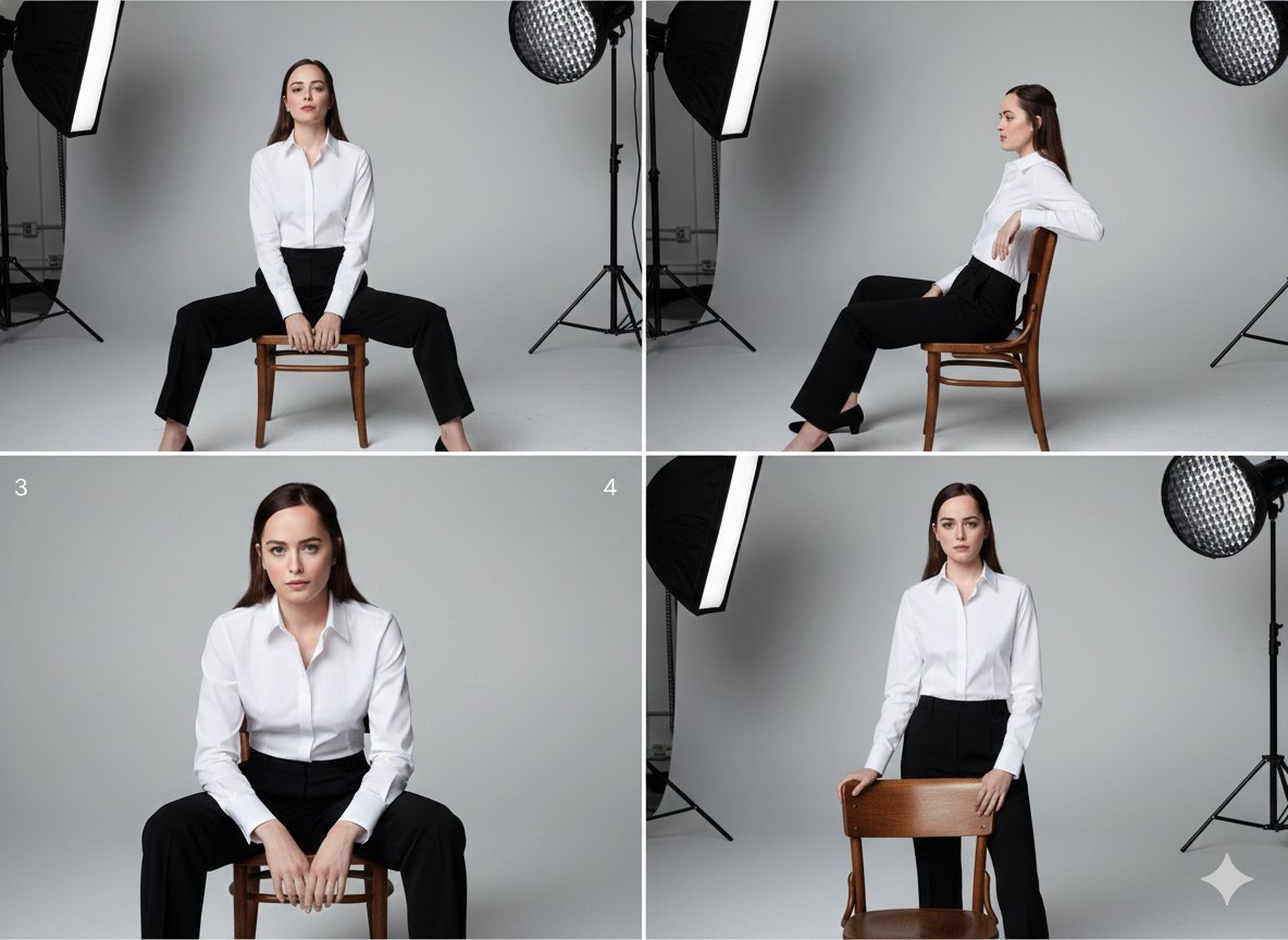 Portrait style image created on Google Gemini Nano Banana 

Prompt 👇 

Upload my image and create a 4-image collage in a professional fashion photography studio. I am wearing black tailored trousers and a crisp white formal shirt, posing in different angles while interacting