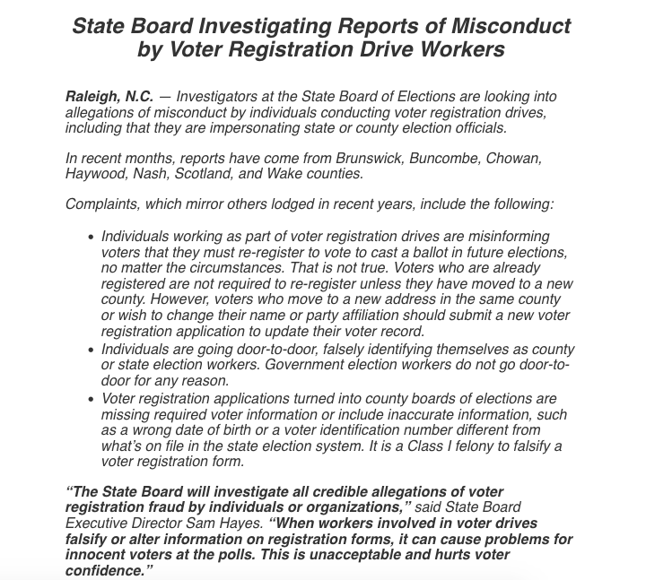 The <a href="/NCSBE/">NCSBE</a> puts out warning about voter registration workers acting improperly at polls during #NC early voting for primary. #ncpol #Election2026